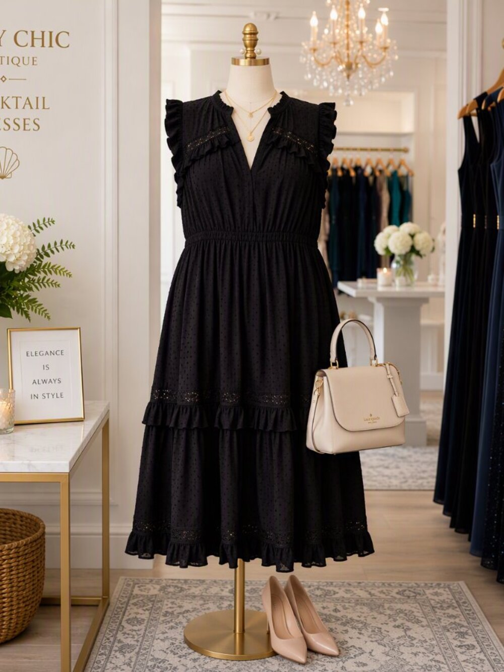 kate spade Black Tiered Maxi Dress with Ruffle and Lace Trim